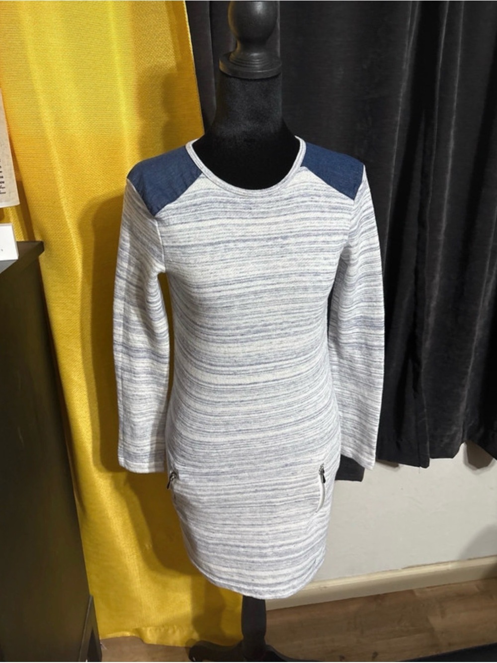 7 For All Mankind Cream and Navy Striped Shoulder Detail Knit Dress